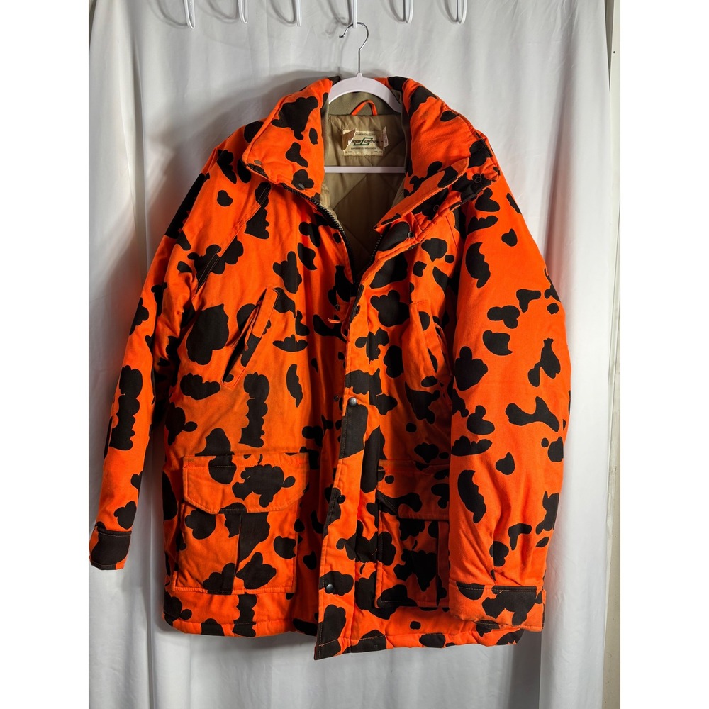 Vintage Johnson Garment Blaze Orange Camo Hunting Parka Jacket Mens Large USA